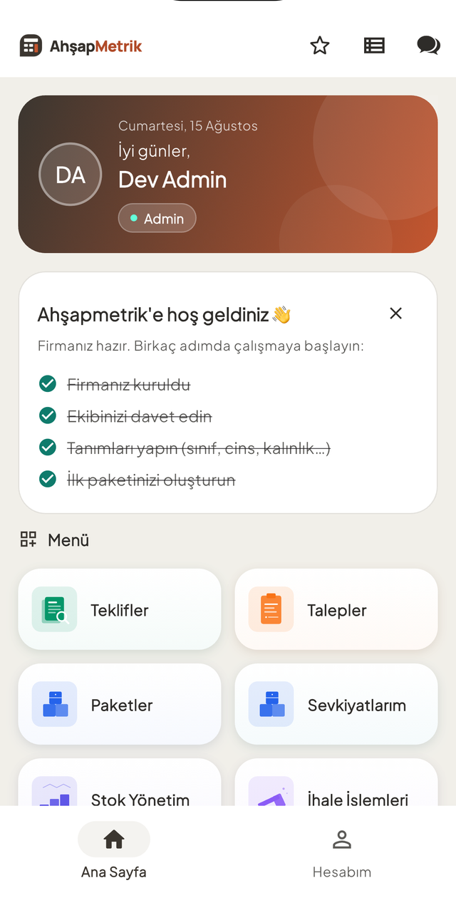 Ahşapmetrik ana ekranı: karşılama, kurulum adımları ve modül menüsü