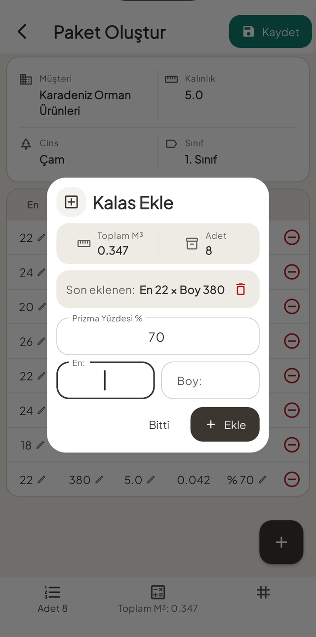 Kalas ekleme: en ve boy girildikçe toplam m³ ve adet anında güncelleniyor