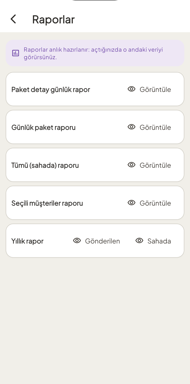 Rapor listesi: paket detay raporu, günlük paket raporu ve müşteri raporları